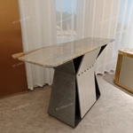 Warm Grey Stone Console Table with Gray Wood Sides and Cream Vertical Accents